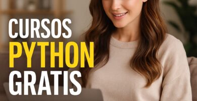 Persona aprendiendo Python en casa con su port&aacute;til, imagen promocional de cursos Python gratis desde cero.