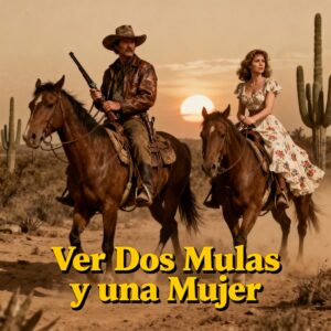 Escena de western clásico ambientada en el México del siglo XIX. Aparecen dos personajes cabalgando, inspirados visualmente en Clint Eastwood y Shirley MacLaine, con vestimenta típica de vaquero y monja respectivamente, avanzando por un paisaje árido y polvoriento. En la parte superior, el texto dice: Ver Dos Mulas y una Mujer.