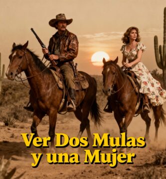 Escena de western clásico ambientada en el México del siglo XIX. Aparecen dos personajes cabalgando, inspirados visualmente en Clint Eastwood y Shirley MacLaine, con vestimenta típica de vaquero y monja respectivamente, avanzando por un paisaje árido y polvoriento. En la parte superior, el texto dice: Ver Dos Mulas y una Mujer.
