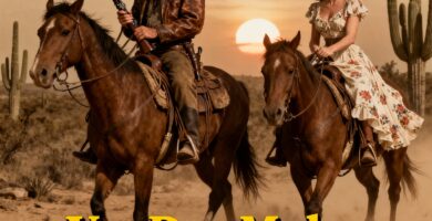 Escena de western clásico ambientada en el México del siglo XIX. Aparecen dos personajes cabalgando, inspirados visualmente en Clint Eastwood y Shirley MacLaine, con vestimenta típica de vaquero y monja respectivamente, avanzando por un paisaje árido y polvoriento. En la parte superior, el texto dice: Ver Dos Mulas y una Mujer.