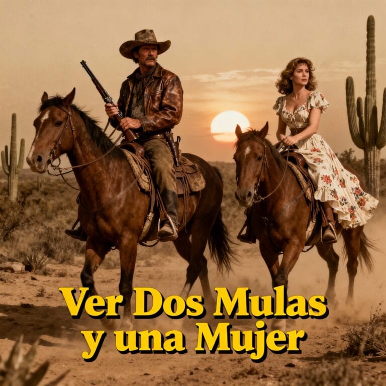 Escena de western clásico ambientada en el México del siglo XIX. Aparecen dos personajes cabalgando, inspirados visualmente en Clint Eastwood y Shirley MacLaine, con vestimenta típica de vaquero y monja respectivamente, avanzando por un paisaje árido y polvoriento. En la parte superior, el texto dice: Ver Dos Mulas y una Mujer.