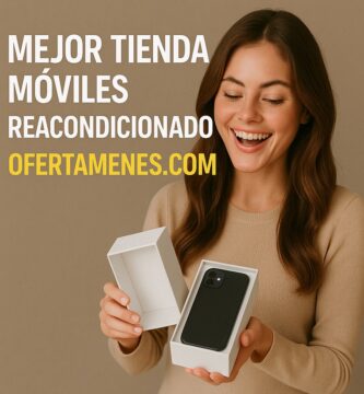 Mujer mostrando ofertas de móviles reacondicionados en OfertaMenes.com - La mejor tienda online de smartphones reacondicionados baratos con garantía