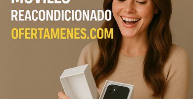 Mujer mostrando ofertas de móviles reacondicionados en OfertaMenes.com - La mejor tienda online de smartphones reacondicionados baratos con garantía
