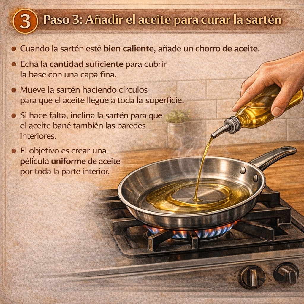 añadir aceite para curar la sartén