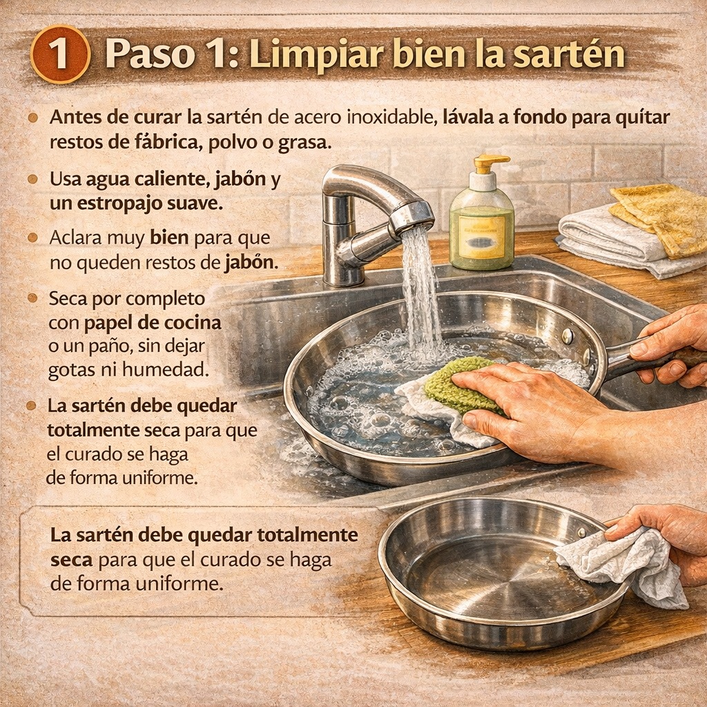 limpiar bien la sartén para curarla