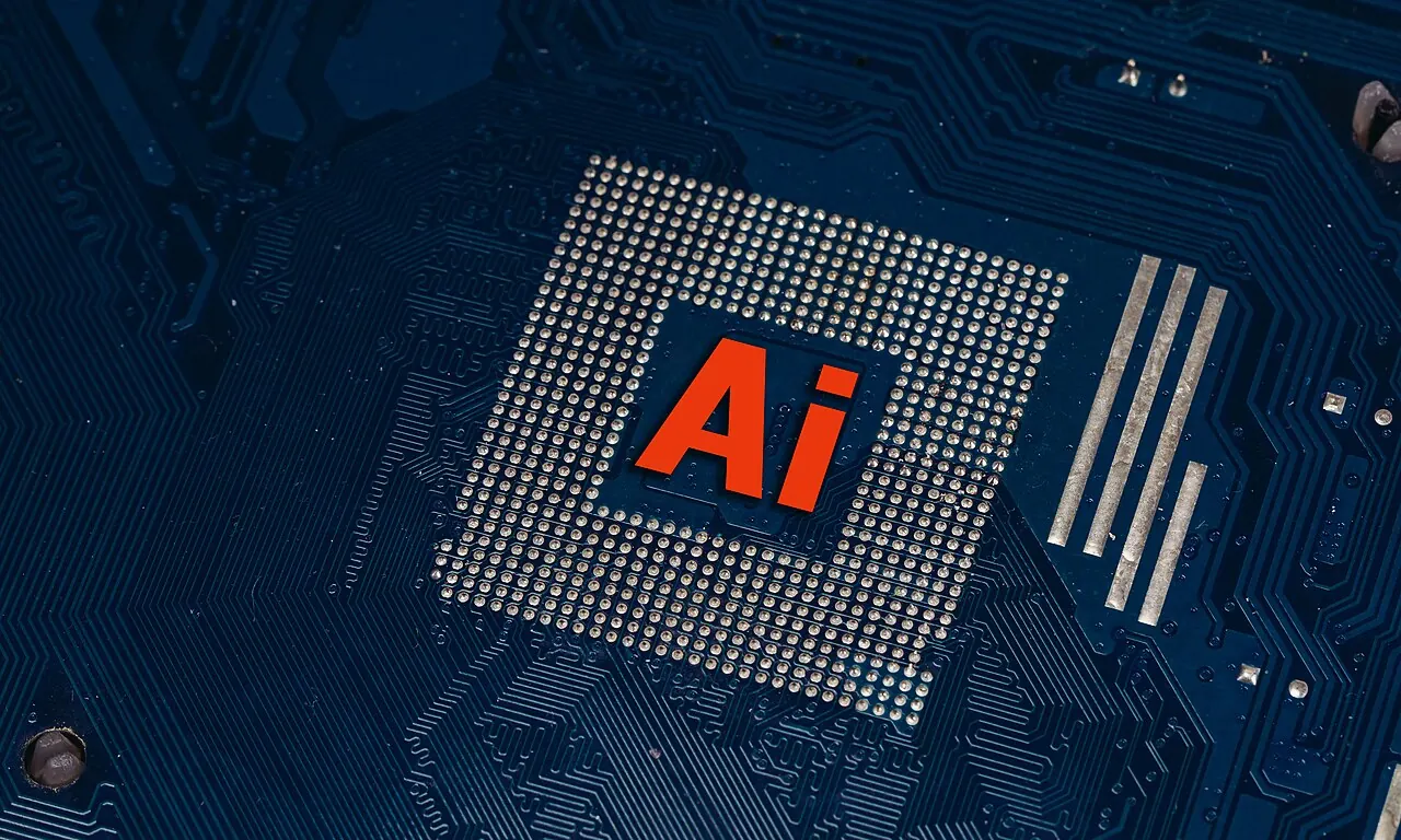 Persona usando un portátil con una interfaz de inteligencia artificial en pantalla