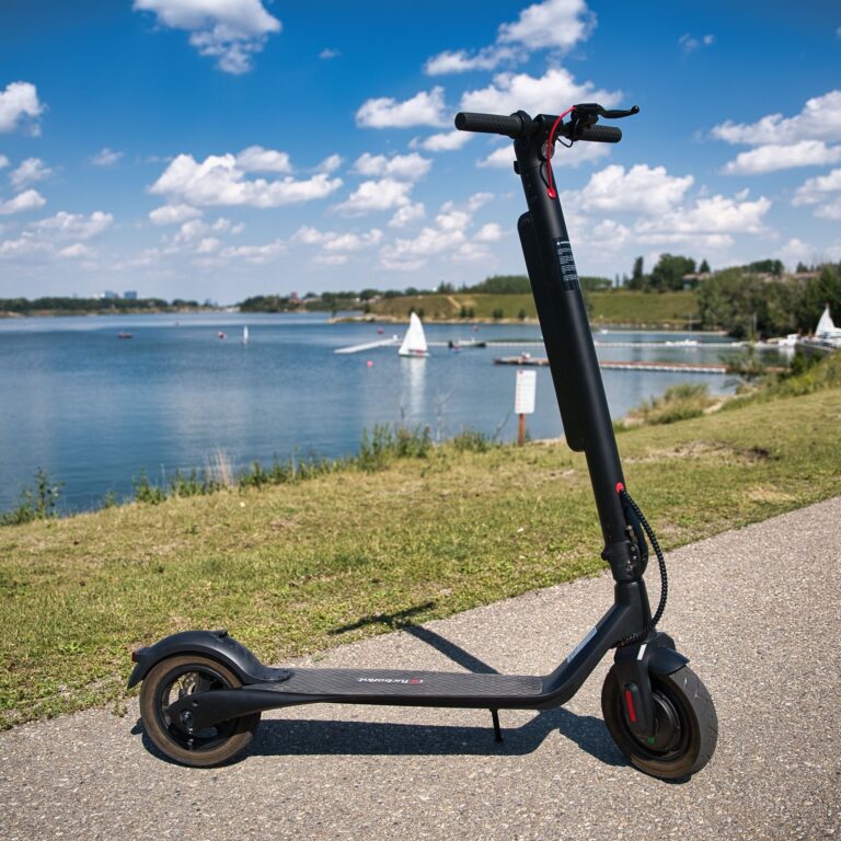 patinete eléctrico con batería extraíble apoyado en un carril junto a un lago