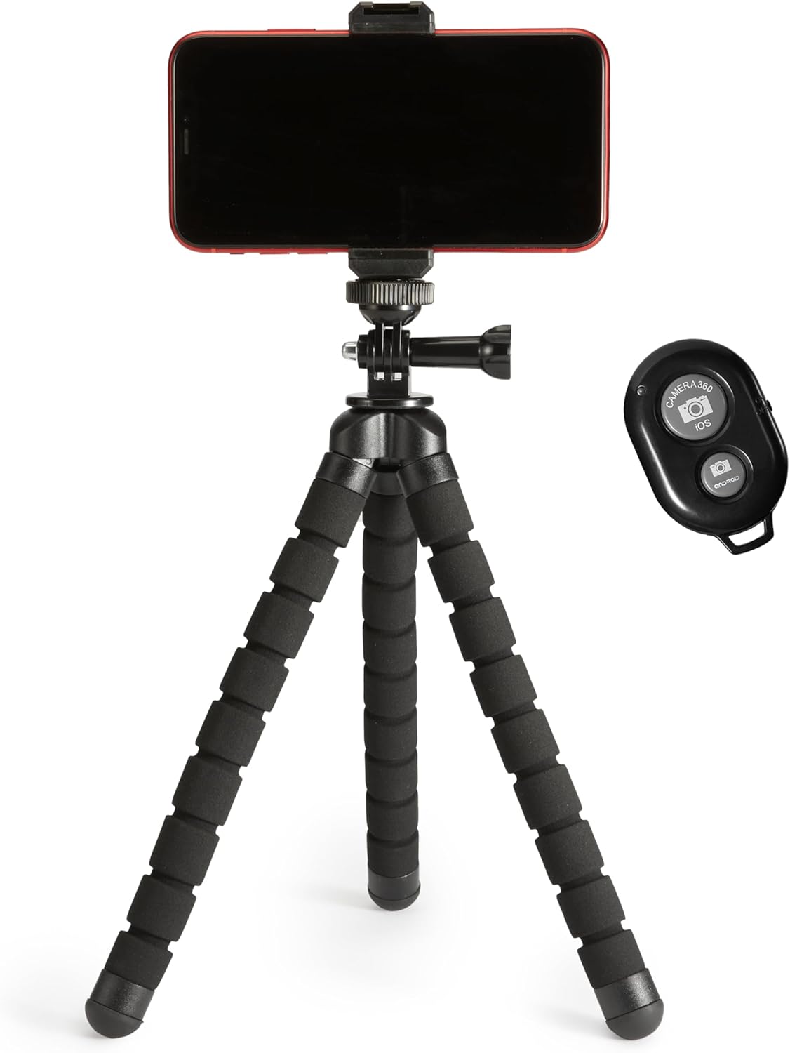 Trípode flexible Amazon Basics con soporte para móvil y mando Bluetooth