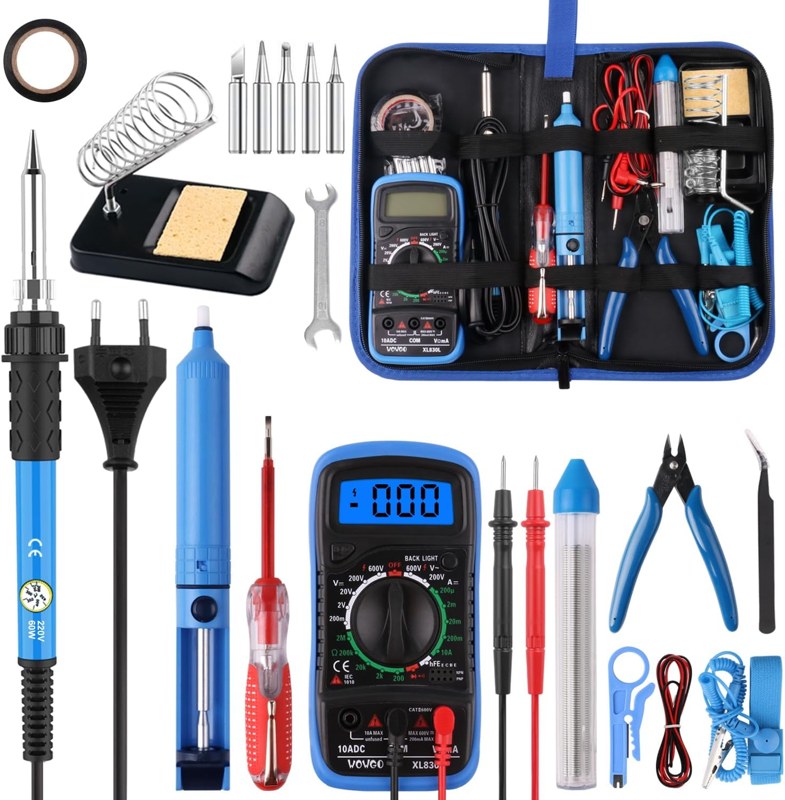 Kit de soldador el&eacute;ctrico de 60 W con mult&iacute;metro digital, soporte, esta&ntilde;o y accesorios