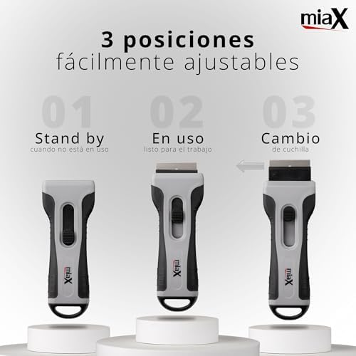 Rasqueta con tres posiciones de uso: guardada, en uso y cambio de cuchilla, para mantener limpio el panel de la vitrocer&aacute;mica