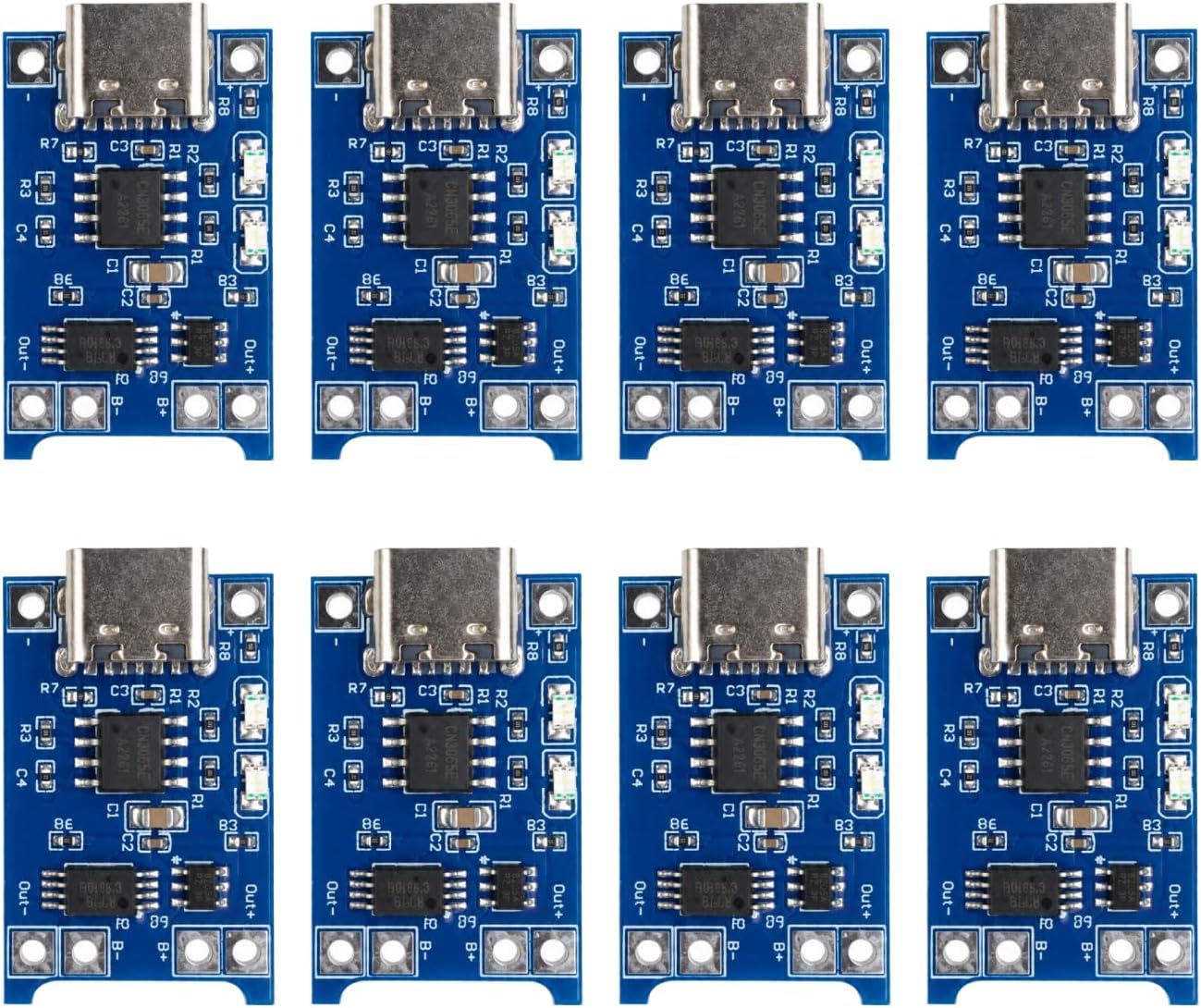 Ocho m&oacute;dulos de carga TP4056 con conector USB-C