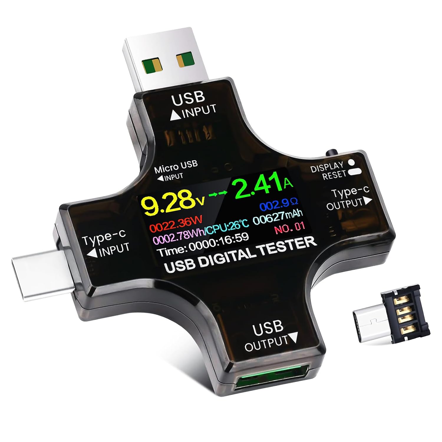 Tester USB digital con pantalla en color mostrando voltaje y amperaje